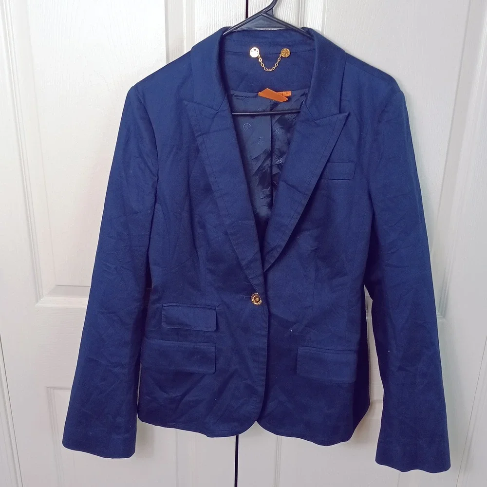 Tory Burch Blazer Women 10 Navy Blue Excellent Single Button Gold Logo Hardware